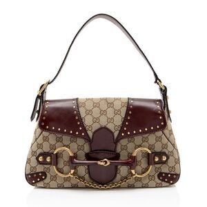 Gucci GG Canvas Leather Studded Horsebit Shoulder Bag